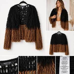 Nasty Gal Collection Bad Romance Shaggy Fringe Cardigan Black‎ Brown Size S